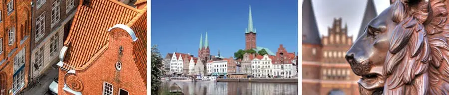 Lübeck-Shopping-Guide mit Holstentor, Obertrave und Stadtplan.