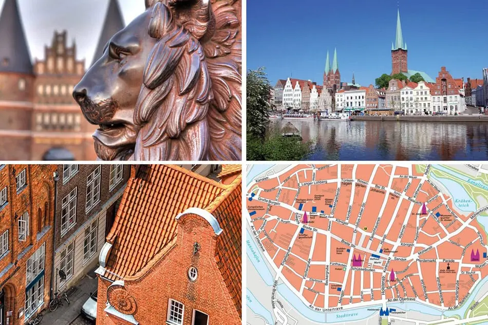 Lübeck-Shopping-Guide mit Holstentor, Obertrave und Stadtplan.